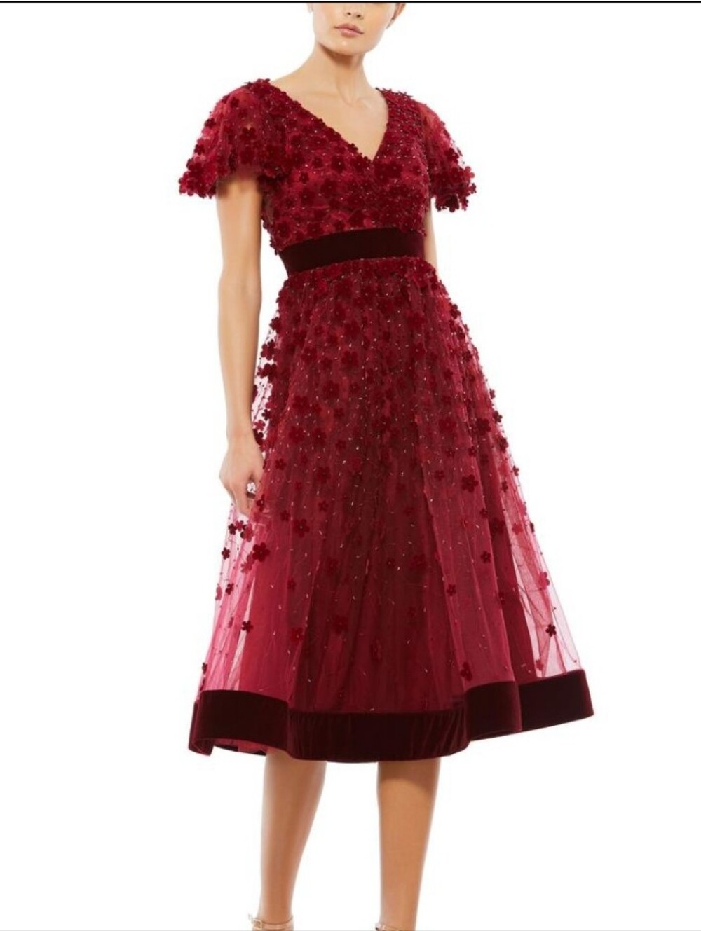 Nwt MAC DUGGAL BURGUNDY FLORAL TEA PARTY GOWN Embellished Midi Dress Wedding